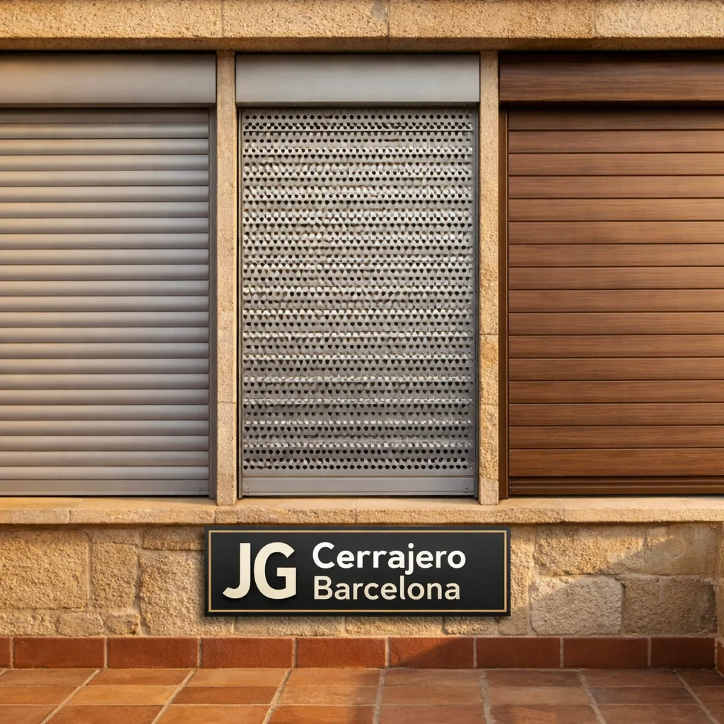 Tres opciones de persianas de seguridad en un balcón mediterráneo: aluminio, acero y composite, con luz cálida. Cuales son las mejores opciones para instalacion de persianas de seguridad en Barcelona.