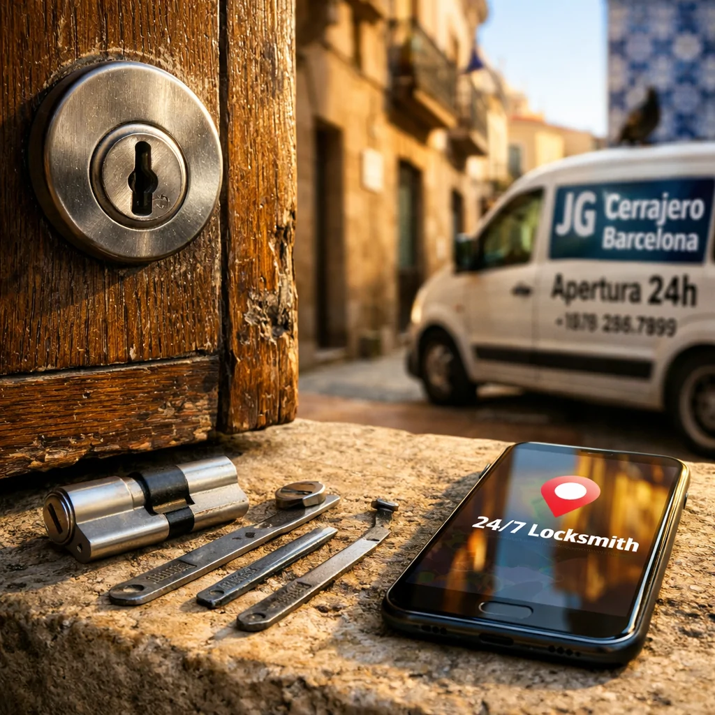 Puerta de roble desgastada en Barcelona con herramientas de cerrajero, smartphone mostrando "Donde puedo contratar un servicio rapido de apertura de puertas en Barcelona".
