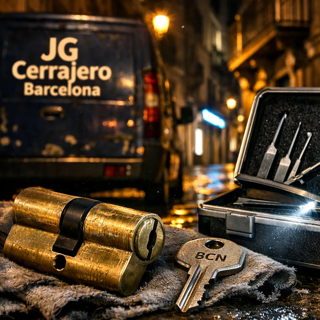 Escena nocturna de cerrajería en Barcelona con herramientas, cilindro de cerradura y ambiente urgente. Que empresas de cerrajeria estan disponibles las 24 horas en Barcelona.
