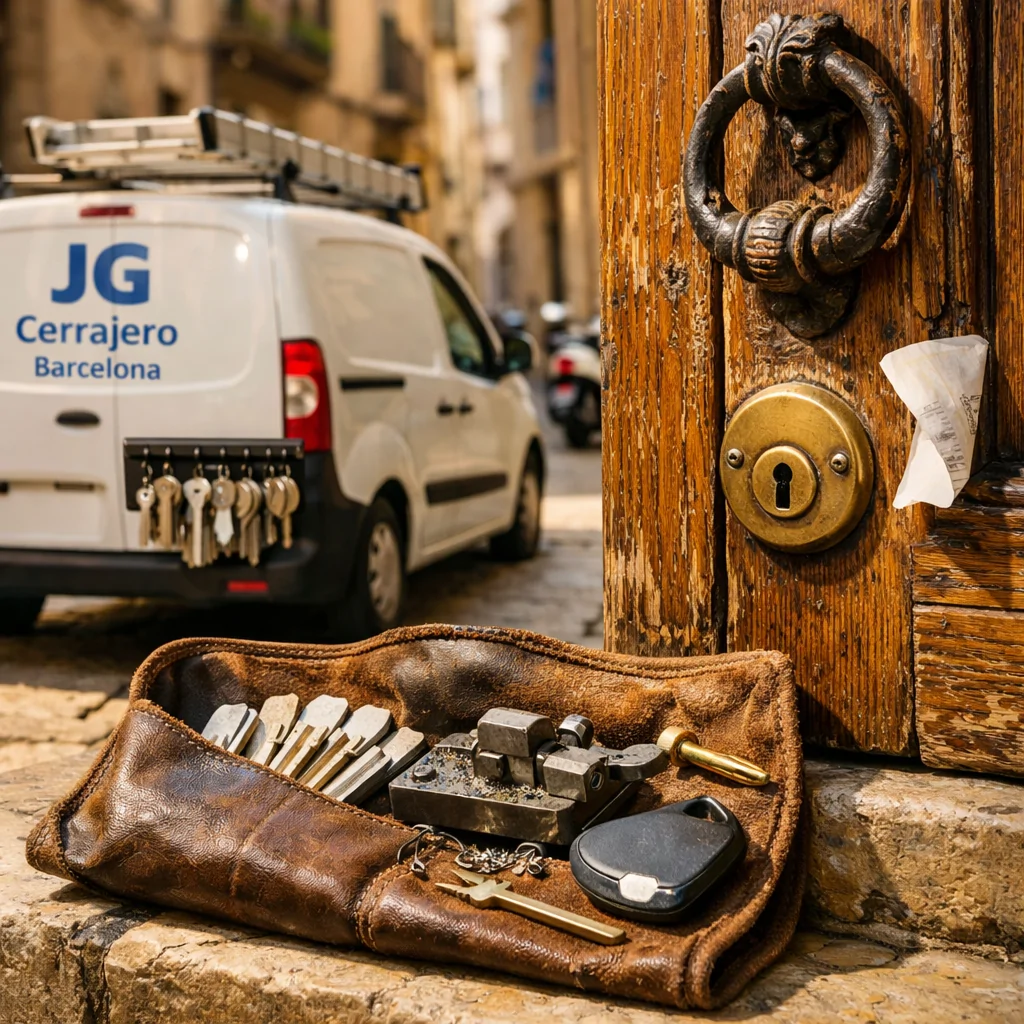 Entrada de apartamento en Barcelona con puerta de roble, herramientas de cerrajero y furgoneta; servicios de apertura de puertas.