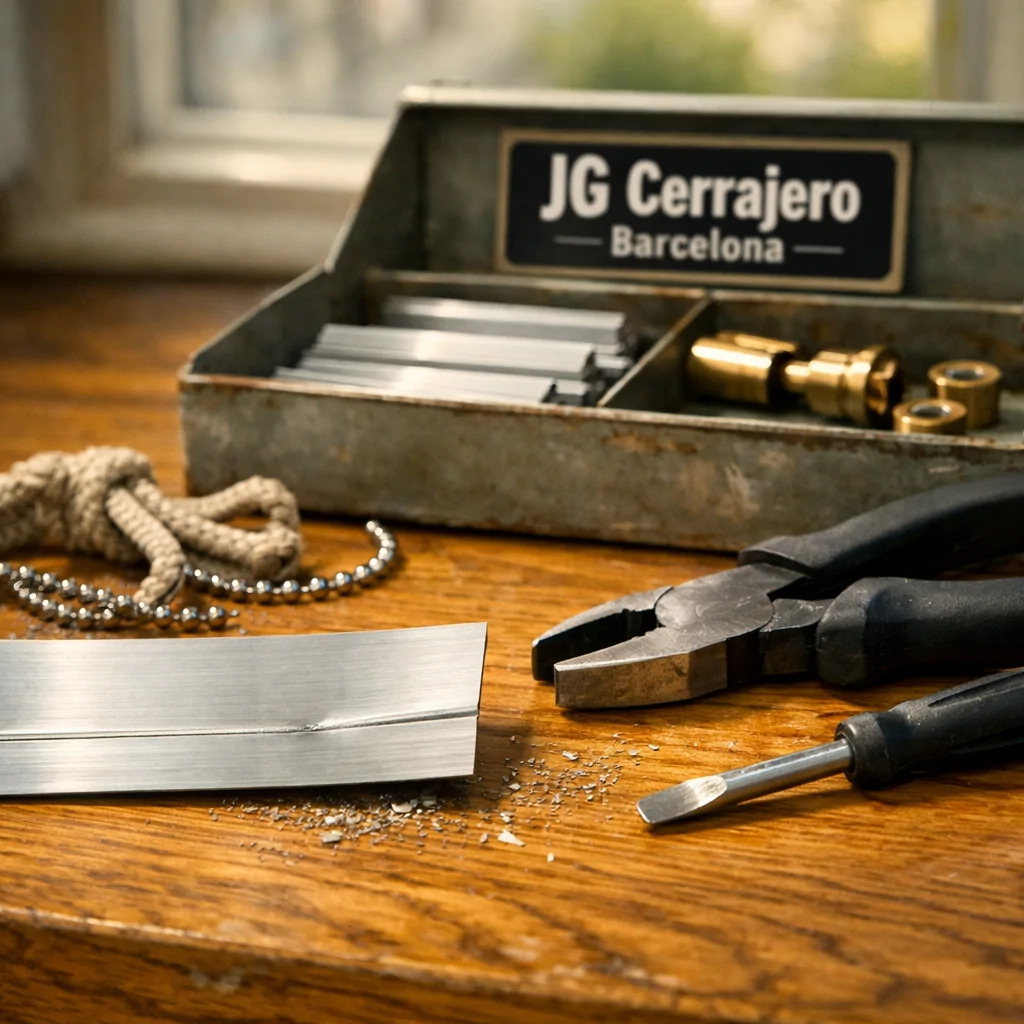 Banco de trabajo iluminado con herramientas y piezas metálicas, ideal para el servicio de cerrajería más recomendado para la reparación de persianas metálicas.