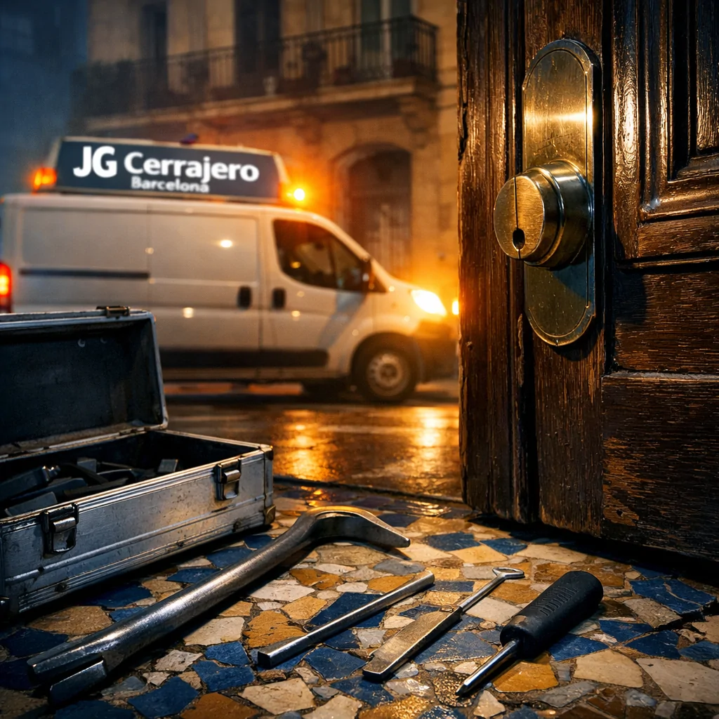 Escena nocturna en Barcelona con una puerta de madera entreabierta y un furgón de emergencia; servicio urgente de apertura de puertas.
