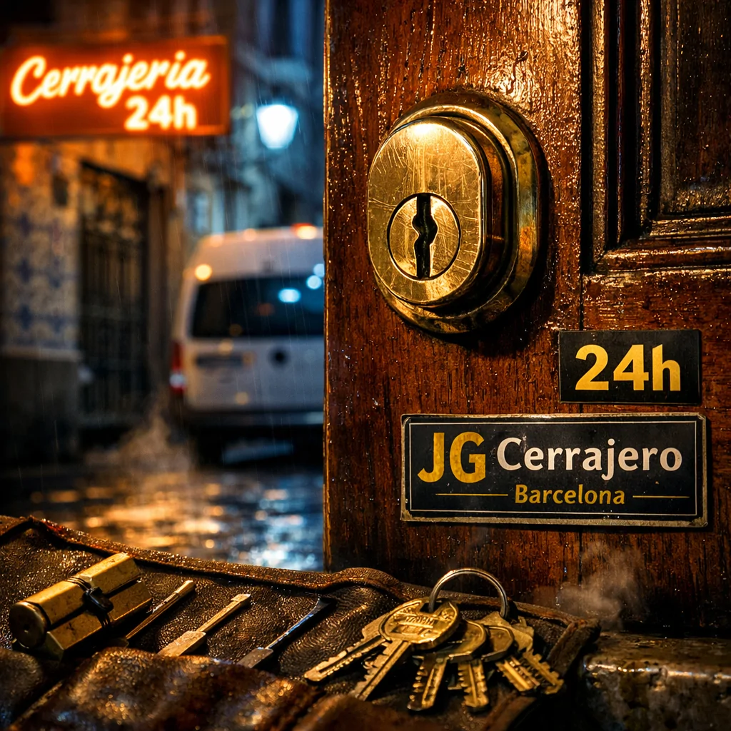 Escena nocturna de una puerta de madera con cerradura, iluminada por un letrero "Cerrajería 24h" en Barcelona.