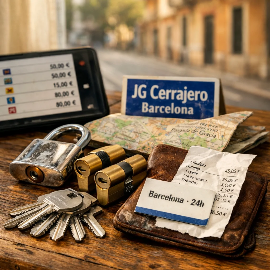Un bodegón que muestra opciones de cerrajería en Barcelona: cilindros, llaves, recibo y smartphone con precios.