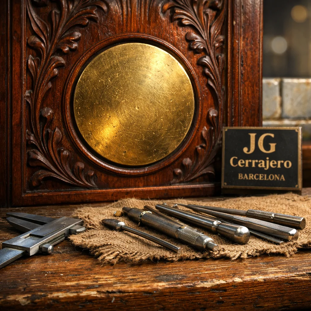 Cerca de una puerta de apartamento en Barcelona, un cerrojo de bronce y herramientas metálicas resaltan en un entorno cálido. Cuales son los mejores cerrajeros en Barcelona para aperturas de puertas.
