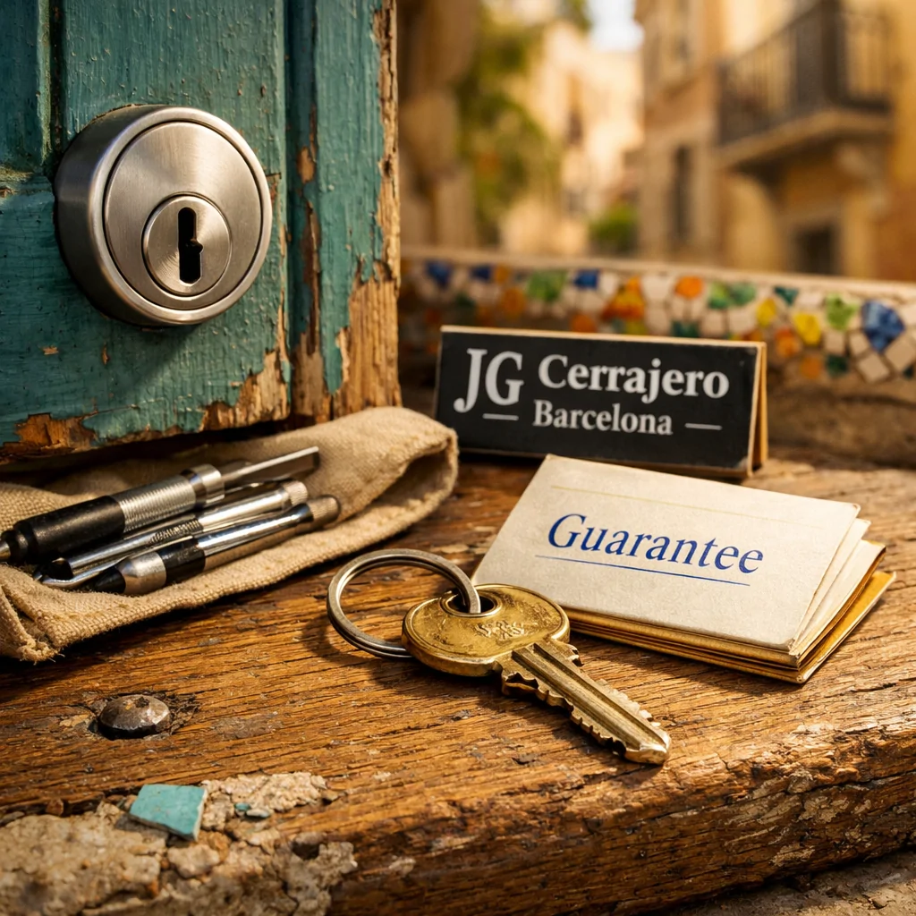Entrada de apartamento en Barcelona con puerta de madera desgastada, llave de bronce y garantía; servicios de cerrajería destacados.