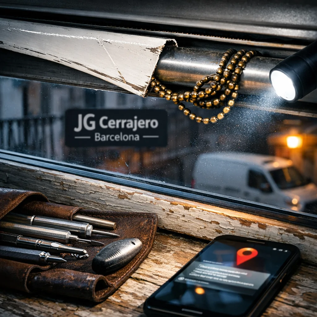 Cerca de una persiana atascada, herramientas de metal y un smartphone, con el texto: "Que cerrajeros en Barcelona ofrecen servicio urgente para persianas atascadas".