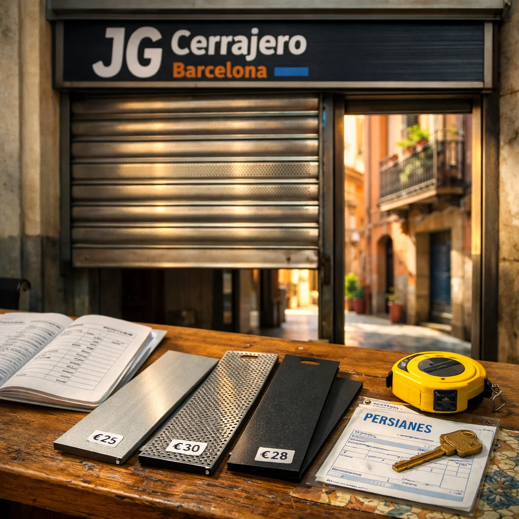 Esquina iluminada de una tienda en Barcelona con muestras de persianas de seguridad y un ambiente acogedor. Donde comprar persianas de seguridad a buen precio en Barcelona.