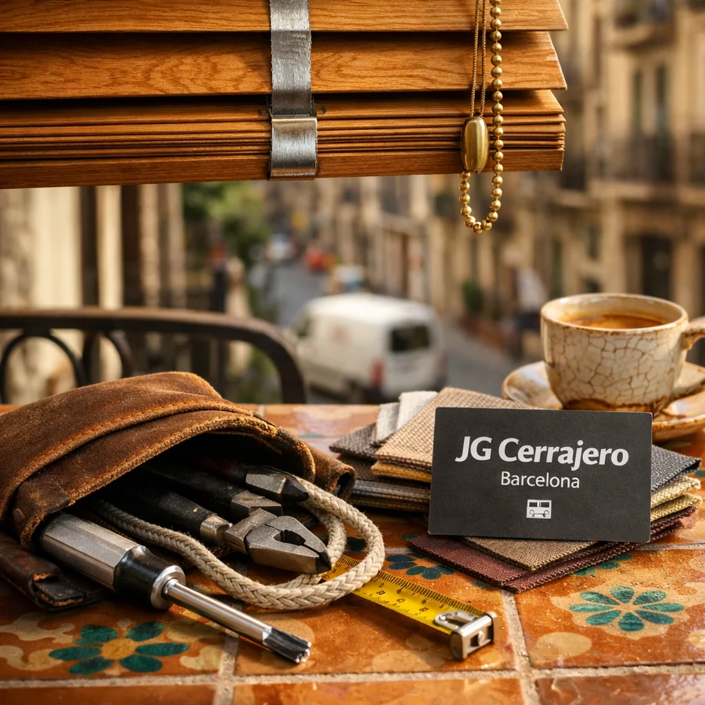 Balcón soleado en Barcelona con persiana de madera reparada y herramientas, reflejando servicios de reparación personalizados.
