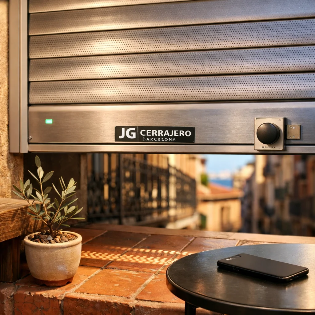 Balcón soleado en Barcelona con persiana de seguridad, plantas y un ambiente cálido; tendencias en persianas de seguridad.