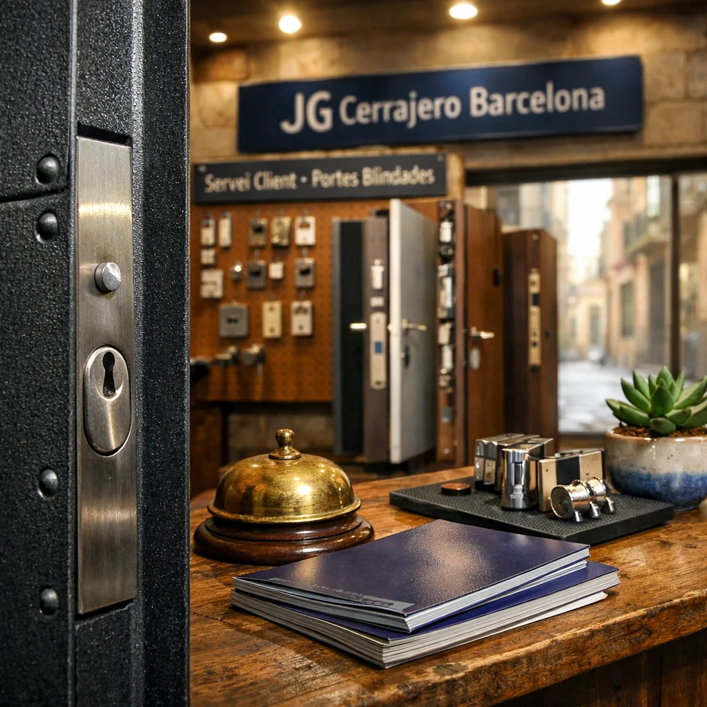Showroom de puertas blindadas en Barcelona, con detalles de seguridad y un ambiente acogedor. Cuales son los centros de atencion al cliente mas eficaces para puertas blindadas en Barcelona.
