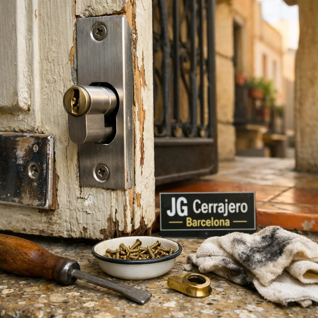 Reparación de puerta blindada en Barcelona: cerradura nueva, herramientas y detalles de desgaste en un entorno residencial.