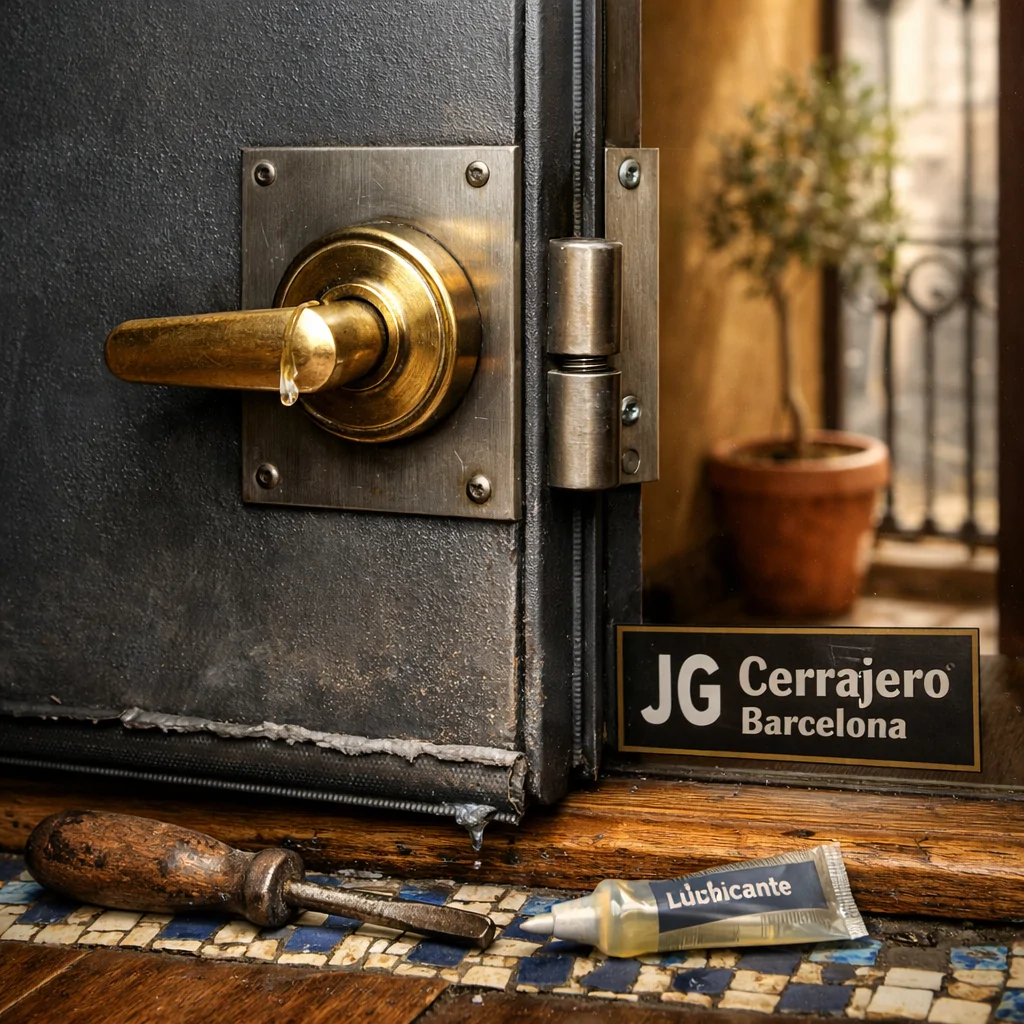 Entrada de apartamento en Barcelona con puerta blindada, detalles de mantenimiento y luz cálida; Las puertas blindadas requieren mantenimiento regular en Barcelona.