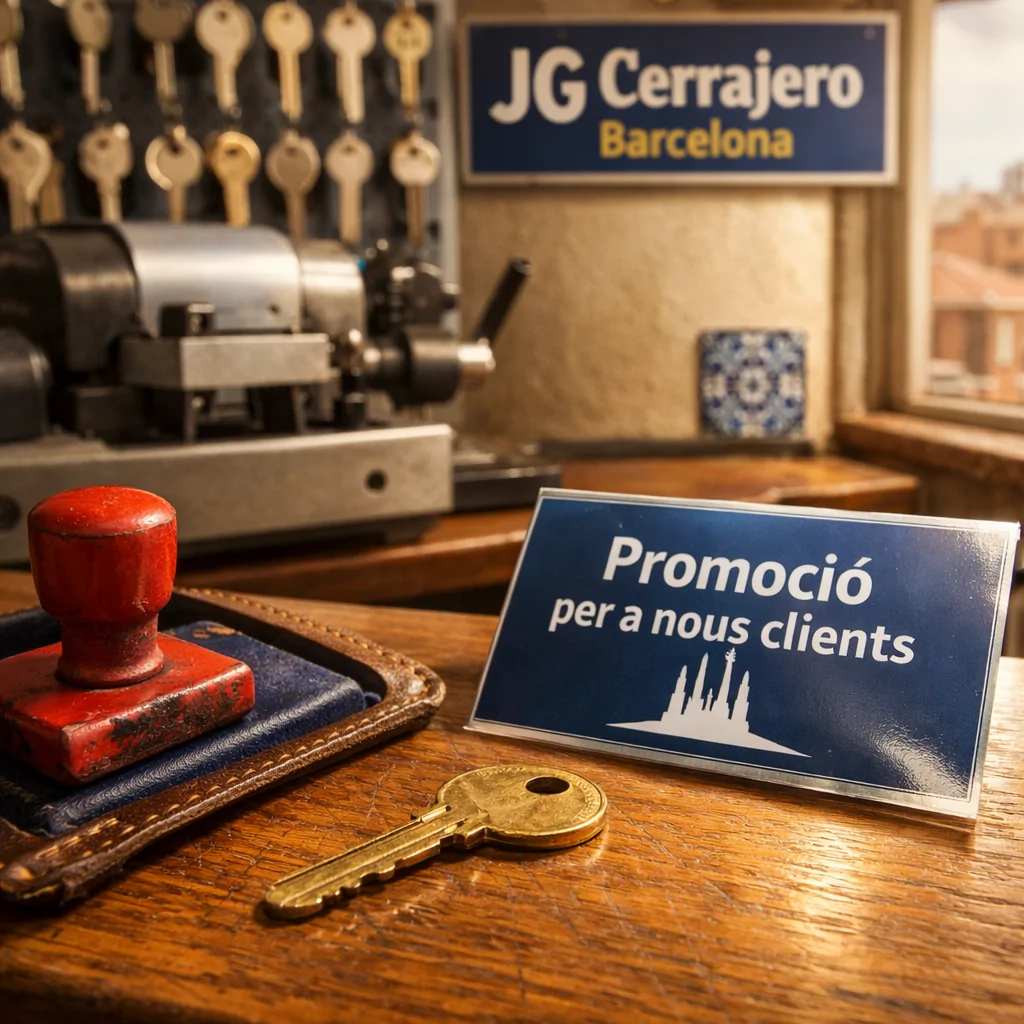 Primer plano de una llave de bronce desgastada en un mostrador de cerrajería en Barcelona, con promoción para nuevos clientes.