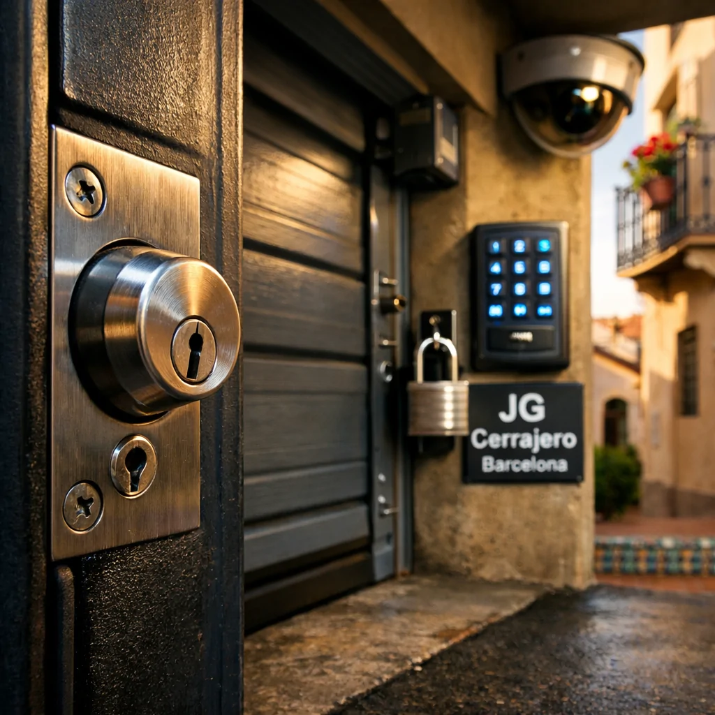 Entrada de garaje en Barcelona con cerradura de acero, sistema de seguridad y ambiente mediterráneo. Que medidas de seguridad se recomiendan para puertas de garaje en Barcelona.