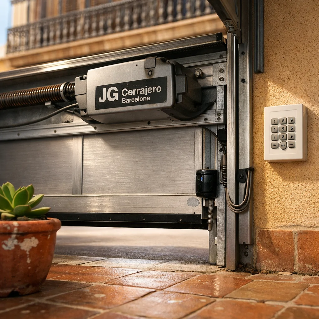 Garaje residencial en Barcelona con puerta metálica semiabierta, mostrando mecanismo automático. Donde instalan sistemas automaticos en puertas de garaje en Barcelona.