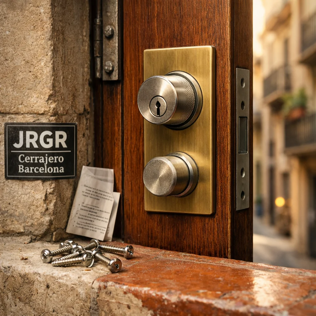 Puerta de madera de caoba en Barcelona, con detalles de instalación y recomendaciones para cerraduras en edificios.