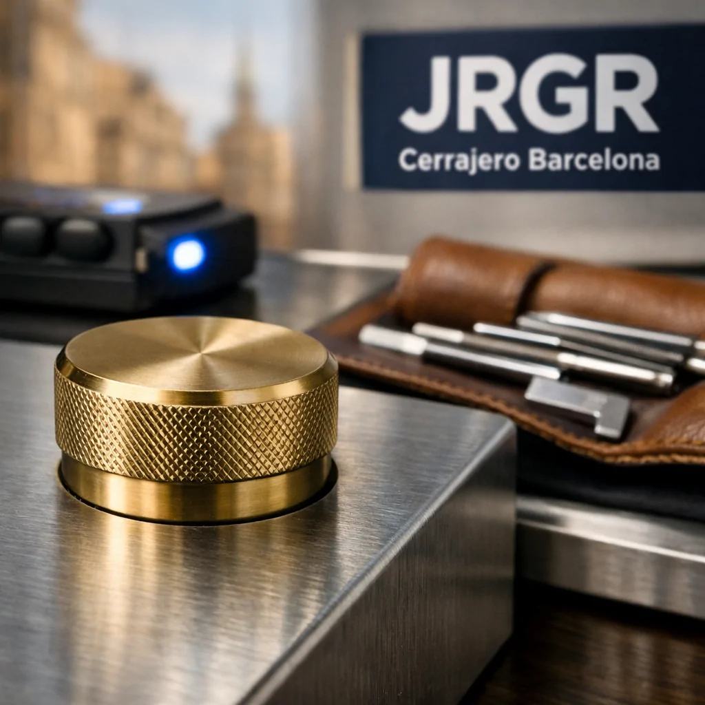 Cierre de cilindro de bronce en puerta de acero, mano con documento, y vista de Barcelona; guía sobre cerrajería comercial.