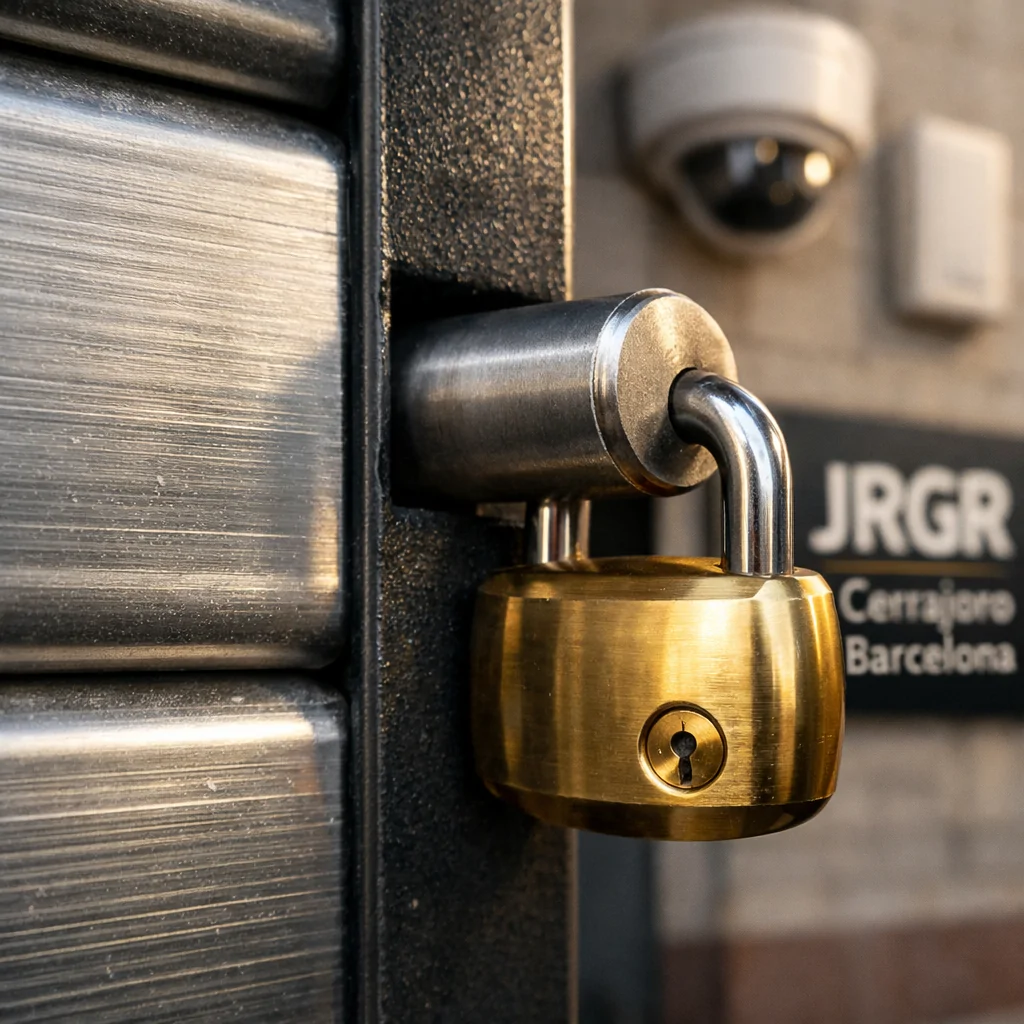 Primer plano de una persiana de seguridad con un candado, mostrando cómo contribuyen las persianas de seguridad a la protección de un inmueble.