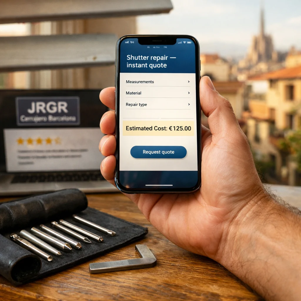 Mano sosteniendo un smartphone con presupuesto online para reparación de persianas. Vista de Barcelona al fondo.