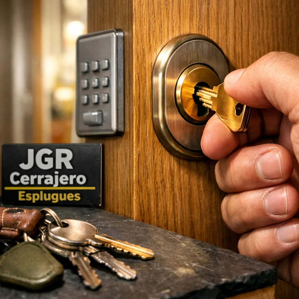 Cierre de una cerradura de cilindro con llave en mano, mostrando servicios de cerrajería más solicitados en España.