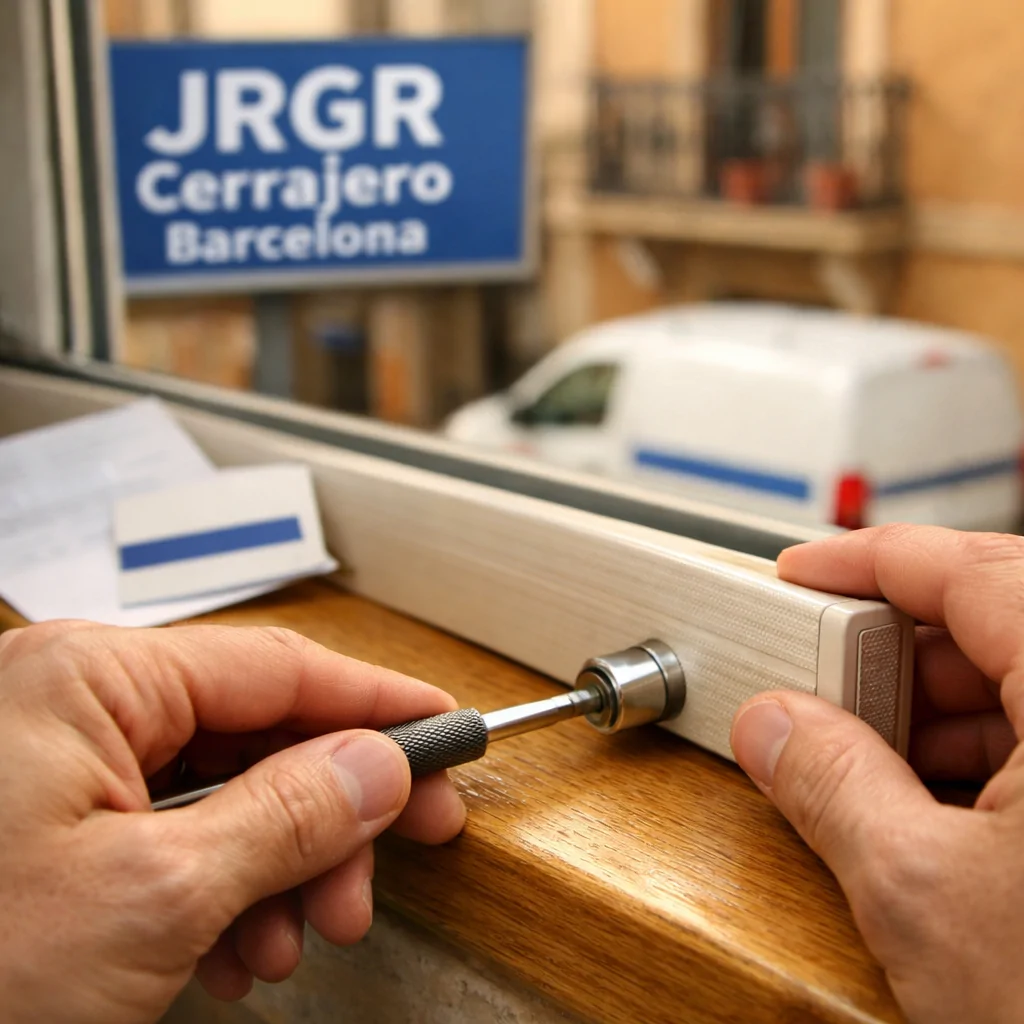 Primer plano de manos reparando una persiana en Barcelona, transmitiendo confianza y profesionalismo en un entorno cálido. Cuales son las empresas mas confiables para la reparacion de persianas en Barcelona.