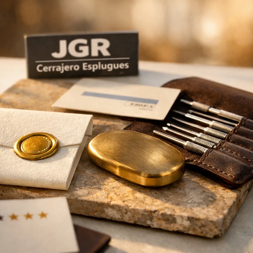 Certificado crema con sello dorado, llave de bronce y herramientas en un umbral soleado; Donde contratar cerrajeros para un cambio rapido de cerraduras en Espana.