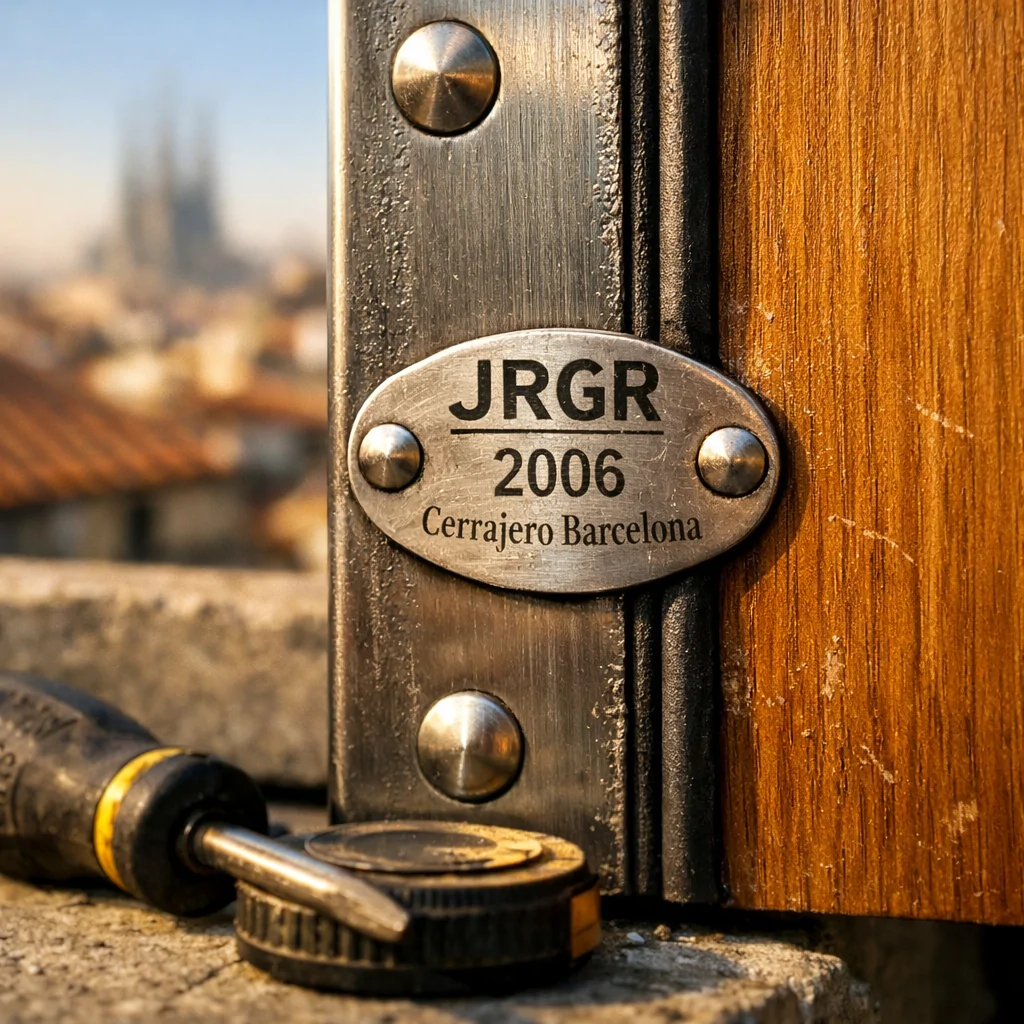 Fotografía macro de una puerta blindada en Barcelona, mostrando durabilidad y detalles de materiales envejecidos.