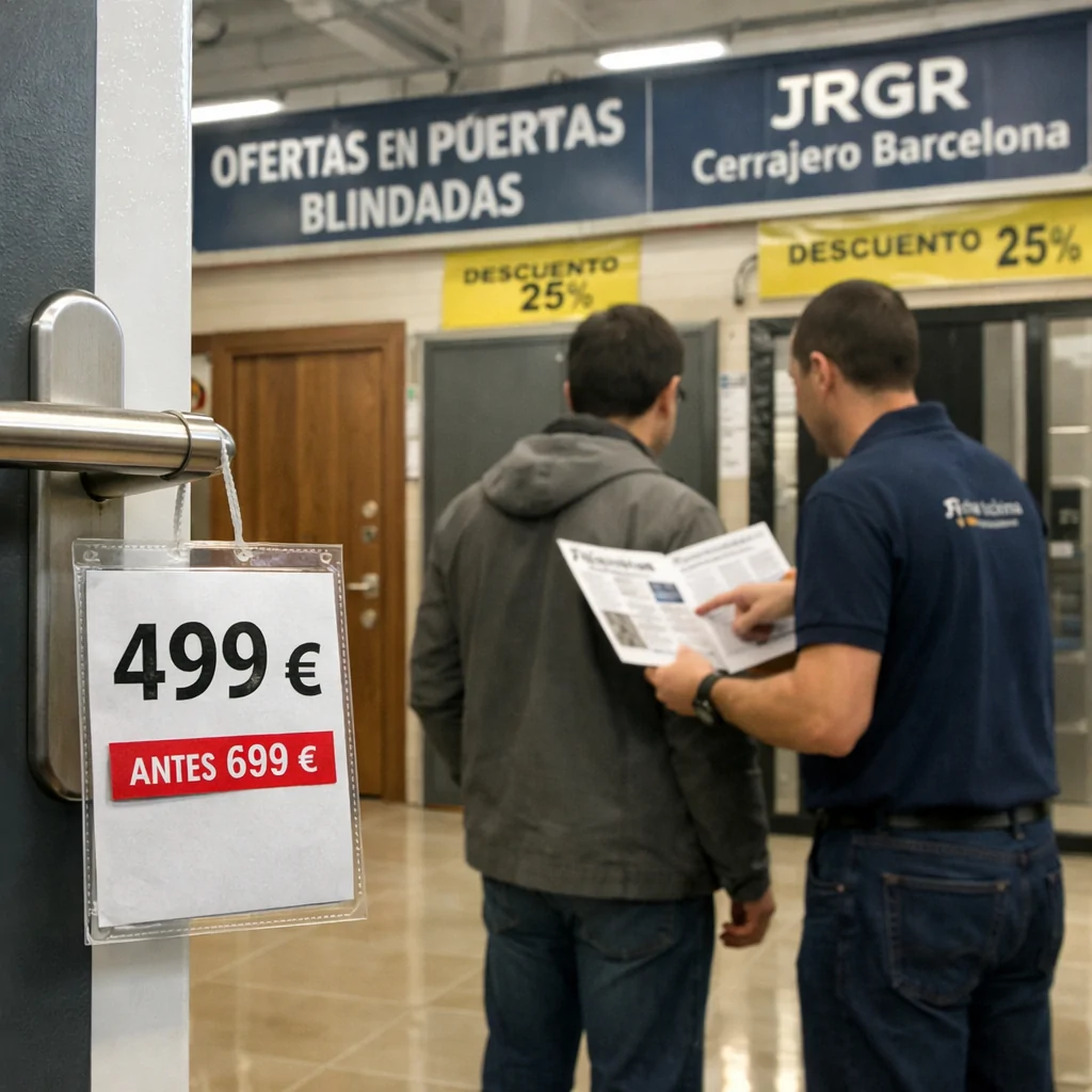 Pasillo de tienda en Barcelona con puertas de seguridad, etiquetas de precio y asesor mostrando folleto. Que tiendas tienen ofertas en puertas blindadas actualmente en Barcelona.