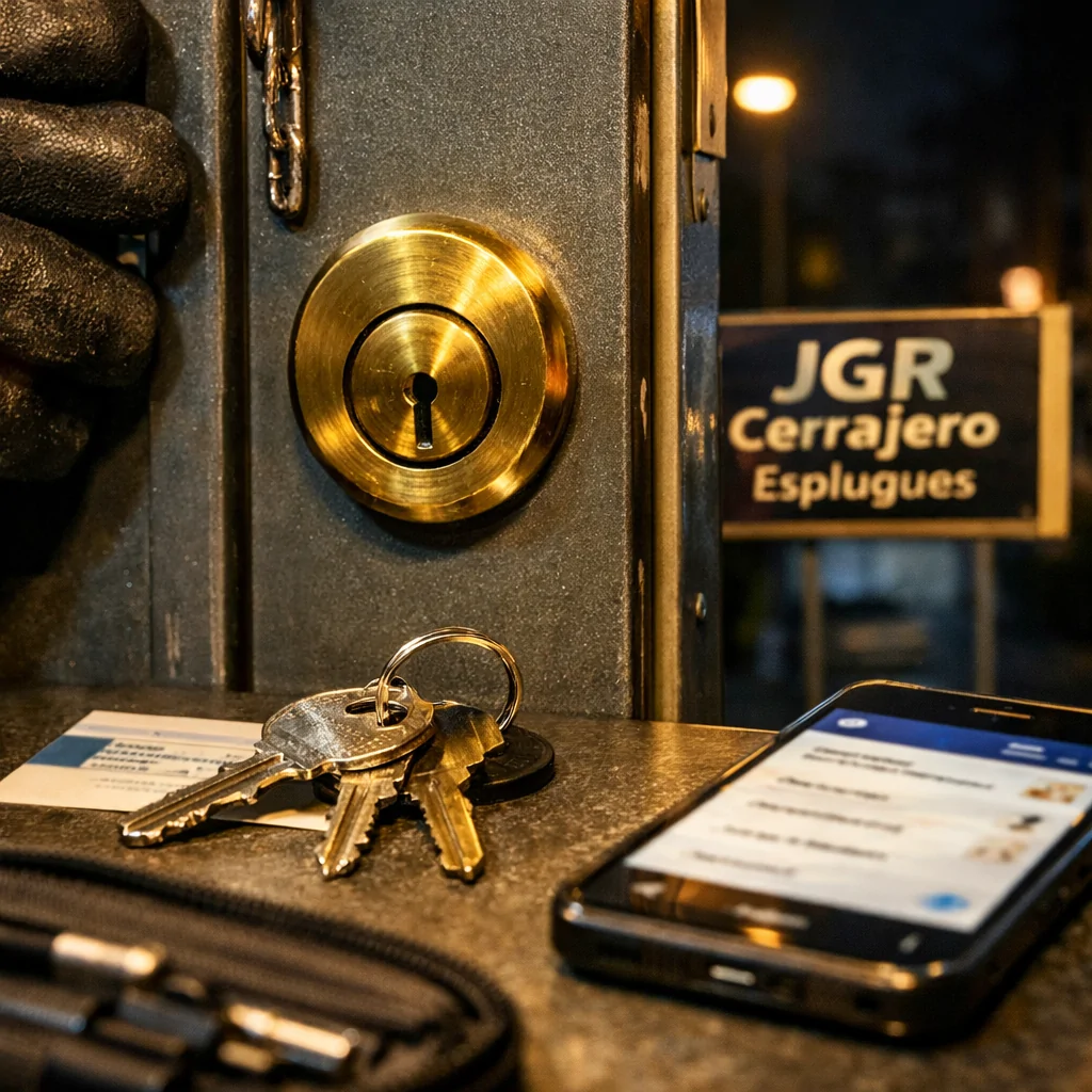 Llaves y móvil junto a puerta; cerrajería de emergencias en Esplugues de Llobregat.
