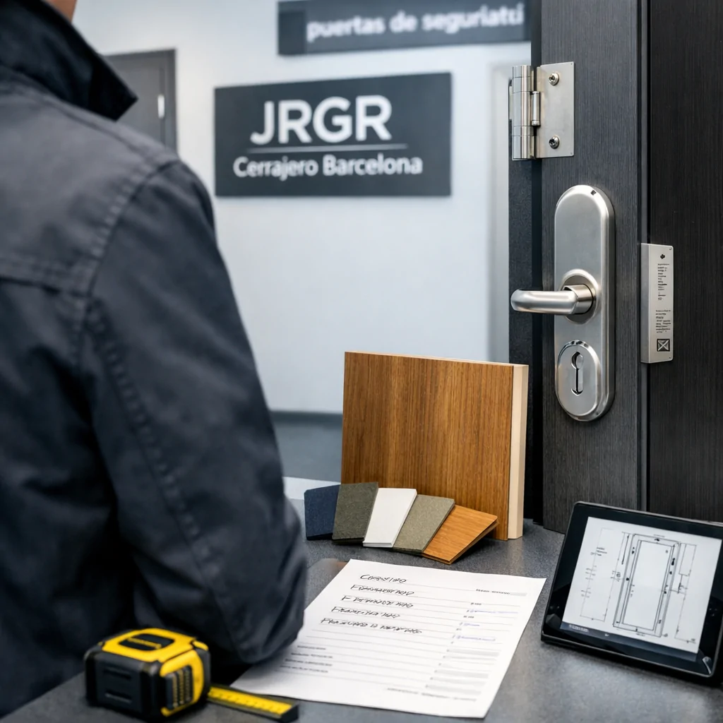 Donde se pueden personalizar puertas blindadas en Barcelona: showroom con puerta blindada, tablet y muestras.