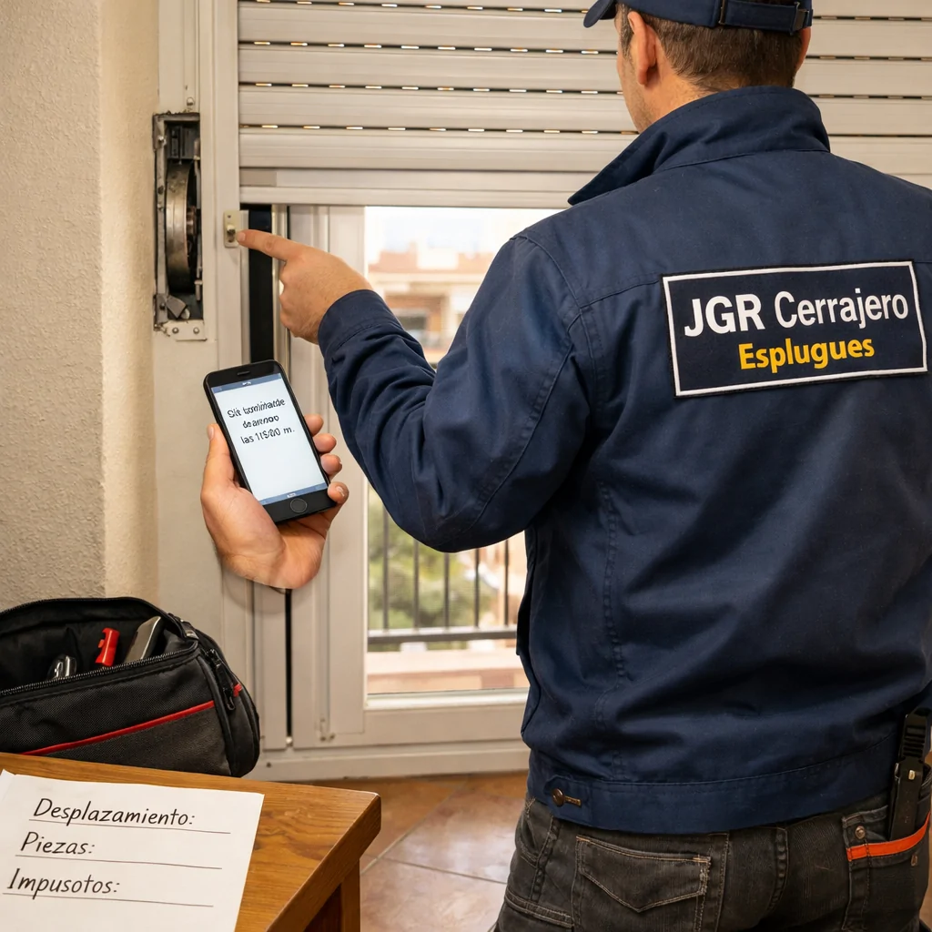 Técnico de persianas junto a un cierre atascado; Quienes ofrecen reparacion rapida de persianas en Esplugues de Llobregat.