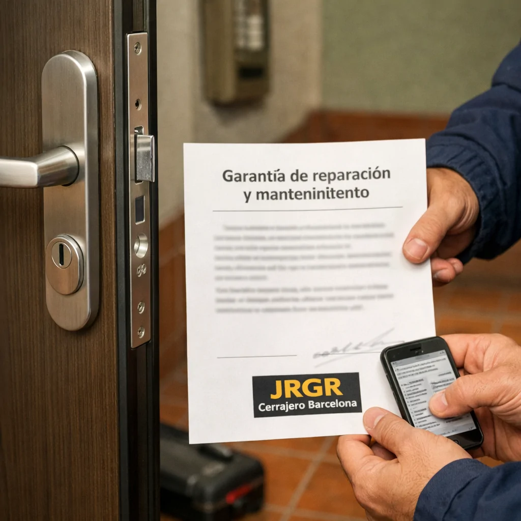 Cerrajero entrega garantía junto a puerta multipunto instalada; texto: Que cerrajerias en Barcelona tienen la mejor reputacion en reparacion y mantenimiento de puertas