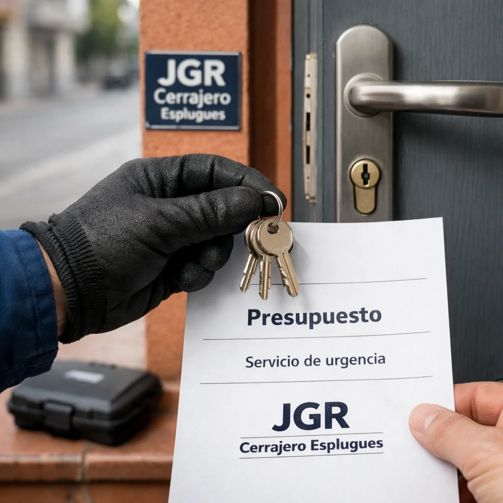 Cerrajero entrega llaves y presupuesto junto a una cerradura reparada en Esplugues; servicios de urgencia más valorados.