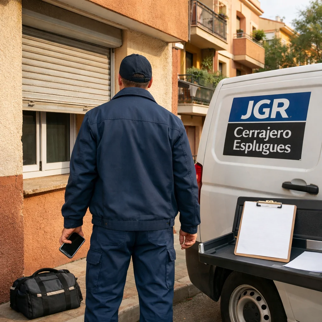 Técnico de persianas junto a ventana y furgoneta en Esplugues; Donde puedo encontrar servicios economicos de reparacion de persianas en Esplugues de Llobregat