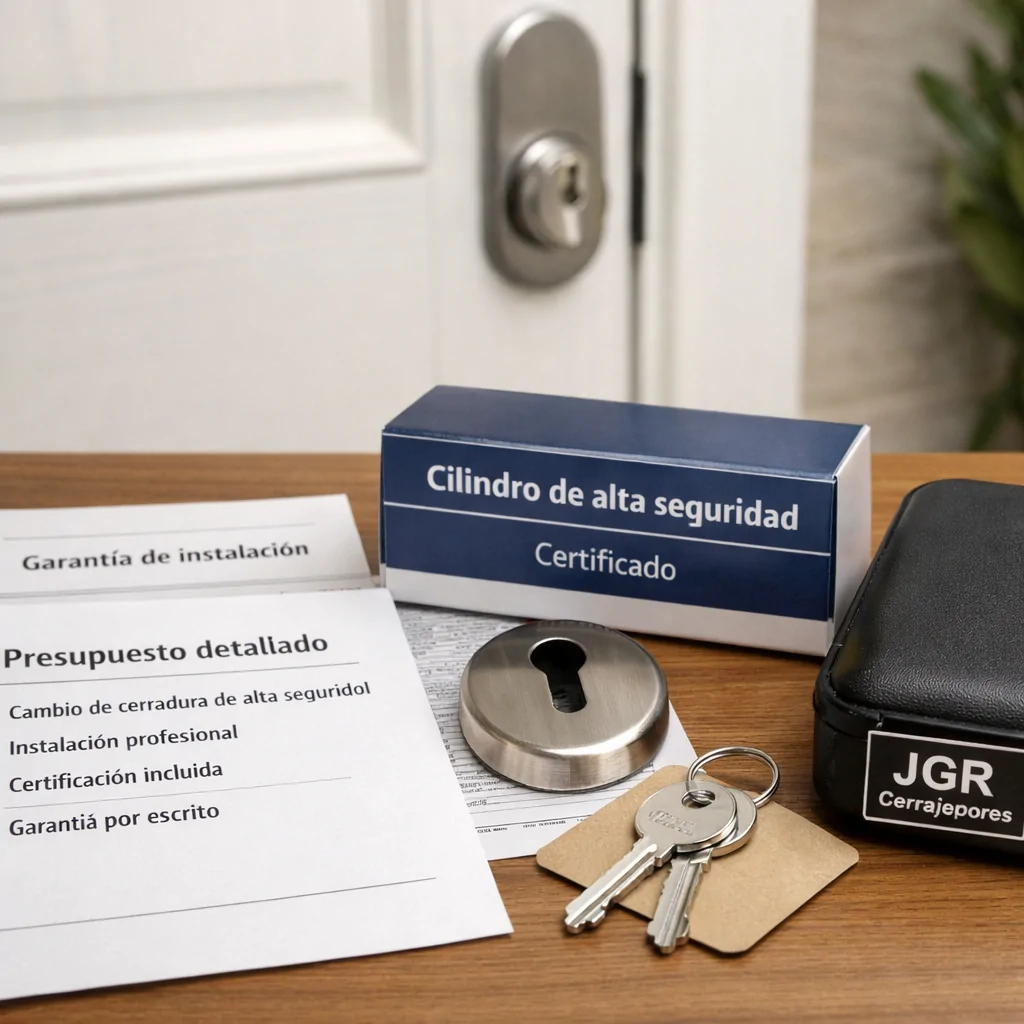 Presupuesto, cilindro certificado y llaves junto a una puerta moderna; Busca un servicio de cerrajeria que ofrezca cambio de cerraduras de alta seguridad